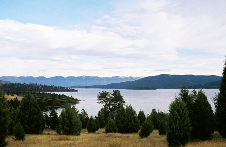 [The jagged irregular edges of the lake contain many short evergreens. On the far side of the lake are large hills and a mountain range is in the distance.]